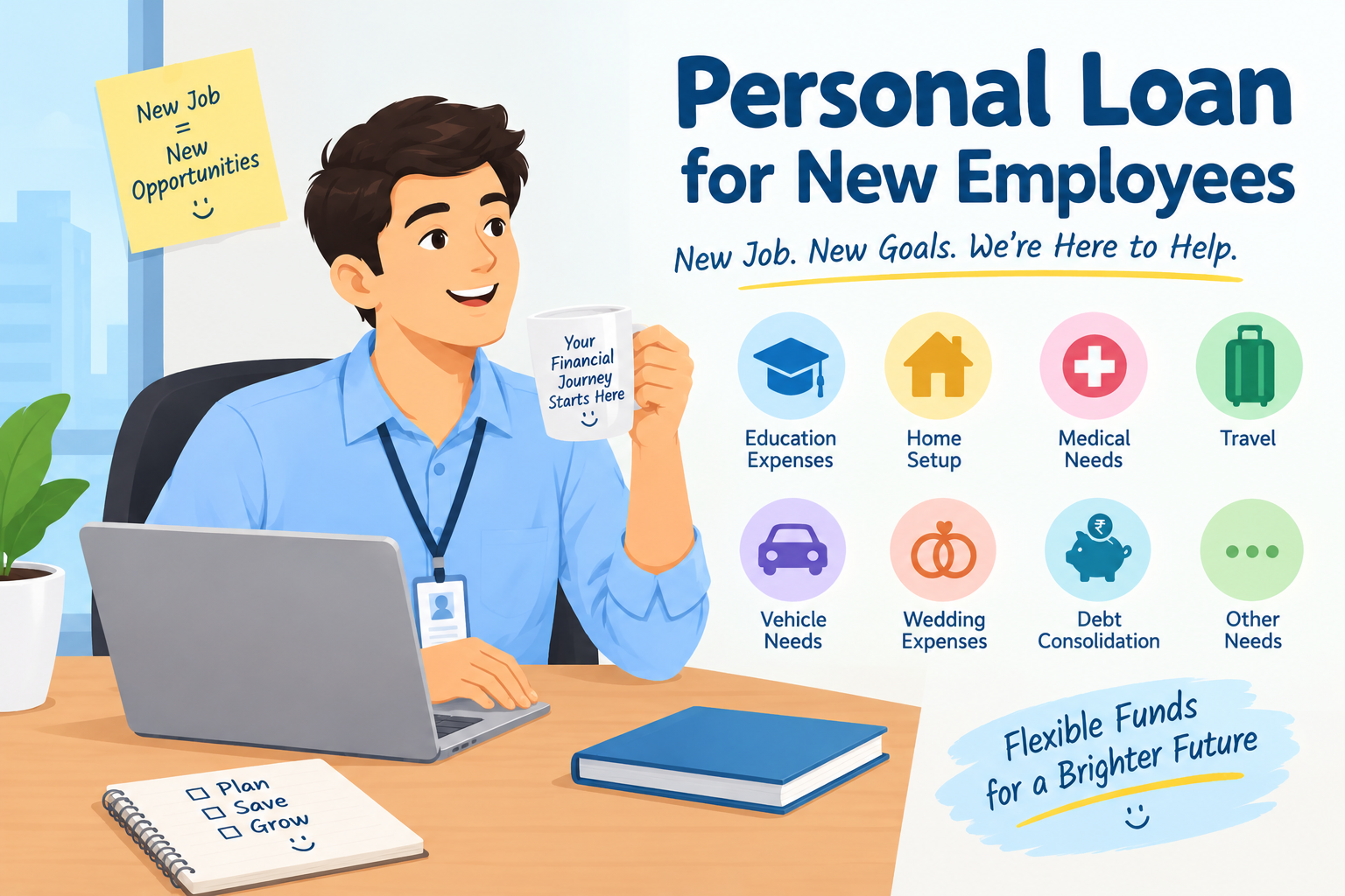 Personal loan for new employees showing a young professional at an office desk with icons representing education, home setup, medical needs, travel, vehicle expenses, wedding costs, debt consolidation, and other financial needs
